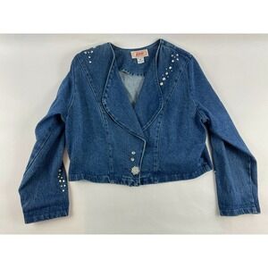 Apache Jean Jacket Women's Size M Blue Denim Rhinestone Crystal Long Slv Vintage